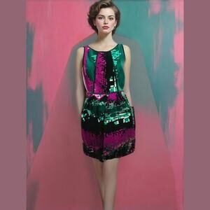 Laundry by Shelli Segal Black Multicolor Silk Sleeveless Sheath Dress Women Sz 8